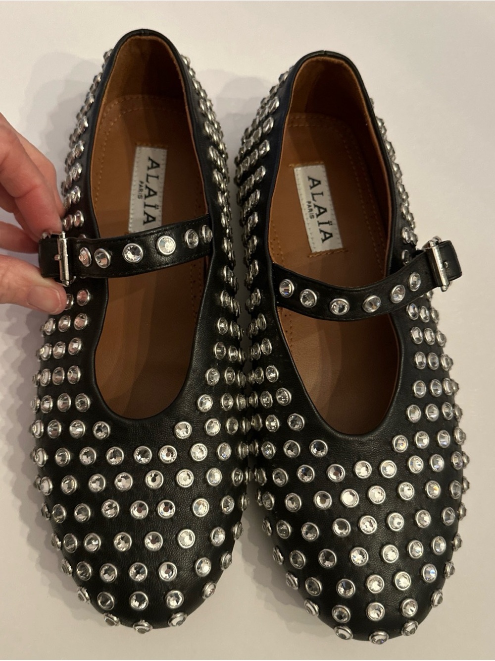 Alaïa Black Leather Mary Jane Flats with Rhinestone  Studs EUR sz 39